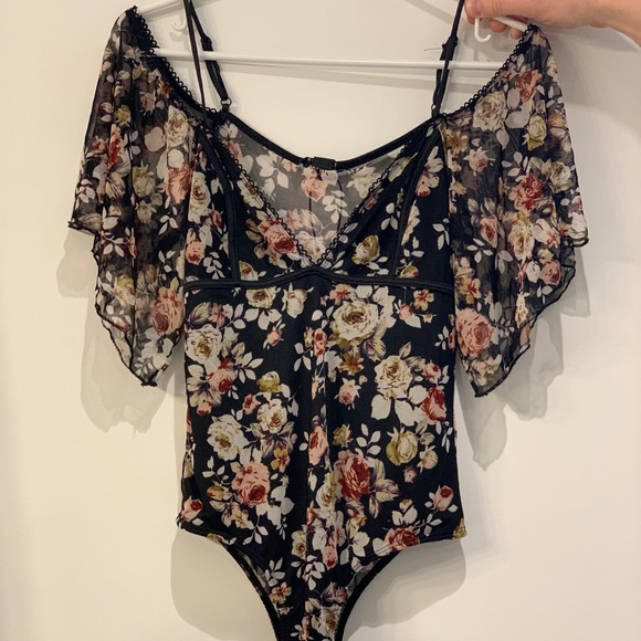Tops - Floral Mesh Off-The-Shoulder Bodysuit
